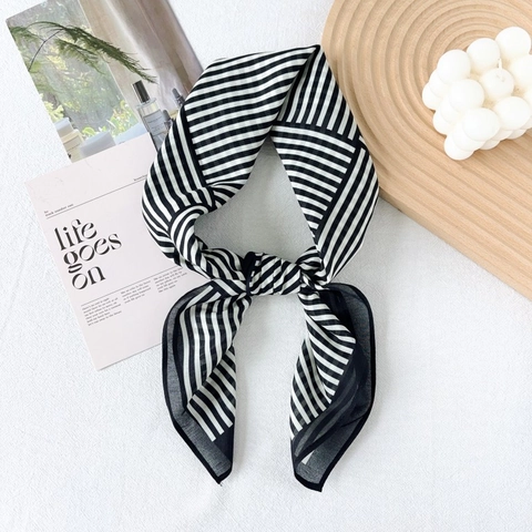 Pañuelo Cuadrado de Rayas Blancas y Negras Estilo Francés Mujer Mezcla de Seda y Algodón Bufanda Ligera Elegante Estampada