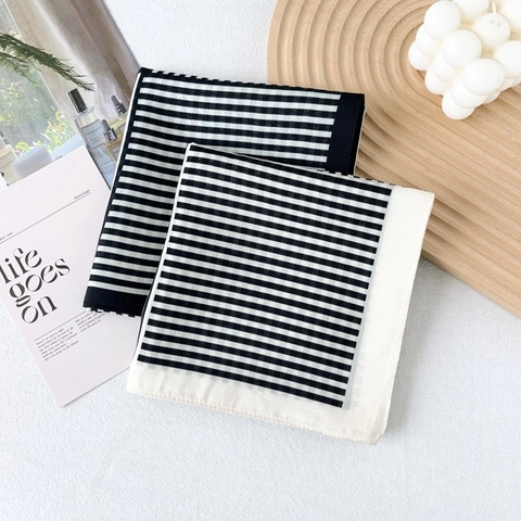 Pañuelo Cuadrado de Rayas Blancas y Negras Estilo Francés Mujer Mezcla de Seda y Algodón Bufanda Ligera Elegante Estampada