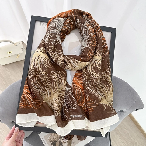 Écharpe Vintage Imprimé Plumes pour Femmes Châle Long en Polyester Mode Rétro Léger Protection Solaire pour Voyage Bureau Quotidien
