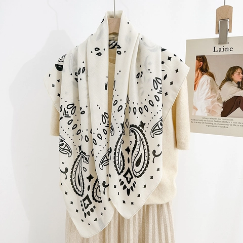 Women Elegant Vintage Paisley Herringbone Print Square Scarf Polyester Silk Like Large Bandana Head Scarf Neck Scarf Accessory