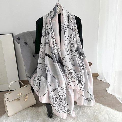 Elegant Satin Camellia Floral Print Scarf Shawl For Women Large Rose Pattern Sun Protection Wrap Lightweight Headscarf