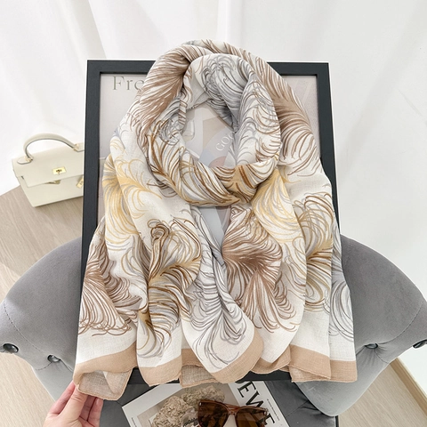 Écharpe Vintage Imprimé Plumes pour Femmes Châle Long en Polyester Mode Rétro Léger Protection Solaire pour Voyage Bureau Quotidien