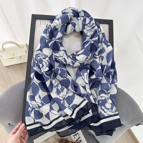 Damen Elegant Floral Kamelie Bedruckt Polyester Schal Leicht Sonnenschutz Schultertuch Vielseitig Sommer Reise Schal
