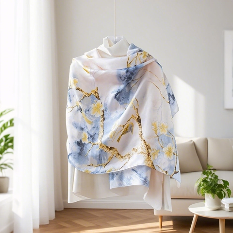 Élégant Châle Long en Polyester Satiné Imprimé Floral pour Femmes Foulard Léger Respirant Protection Solaire Grand Enveloppement