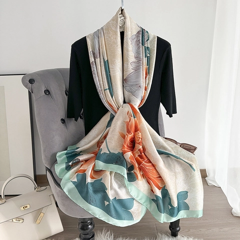 Elegant Women Floral Printed Scarf Lightweight Polyester Satin Shawl Soft Long Wrap Sun Protection Accessories For Daily Use