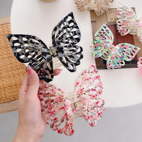 Elegante Pinza para el Cabello de Mariposa de Doble Capa Tamaño Grande Plástico Hueco Estampado Floral para Peinado Diario Mujer