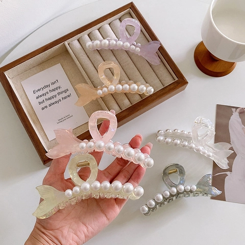 Eleganter Acetat Fischschwanz Haarklammer Für Damen Koreanischer Stil Künstliche Perle Eingelegt Shark Clip Haarschmuck