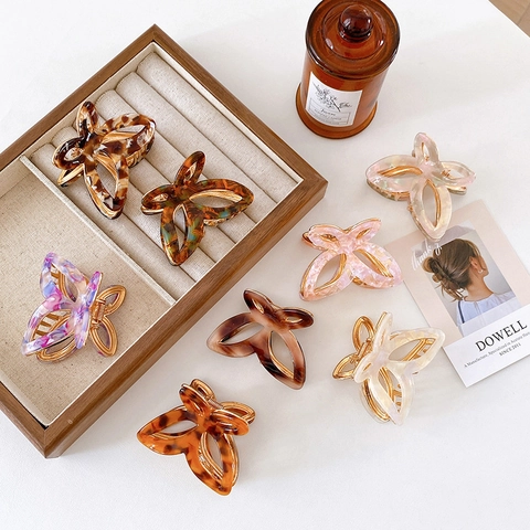 Korean Style Hollow Butterfly Acetate Hair Claw Clip For Women Vintage Marble Pattern Large Shark Hair Clip Hair Accessories