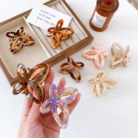 Korean Style Hollow Butterfly Acetate Hair Claw Clip For Women Vintage Marble Pattern Large Shark Hair Clip Hair Accessories