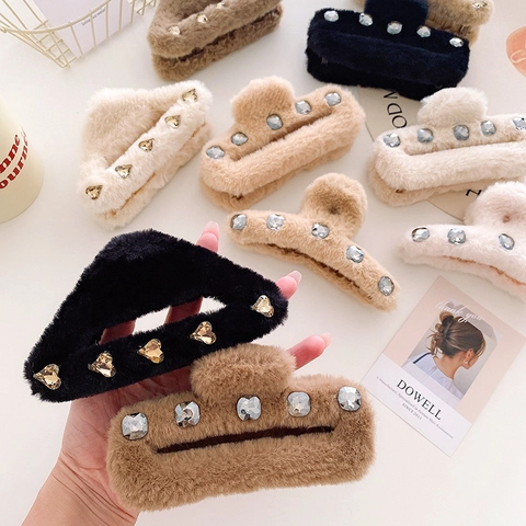 Elegante Pinza Per Capelli In Peluche Autunno Inverno Cuore Di Strass Clip A Squalo Di Pelliccia Accessori Per Capelli Donna