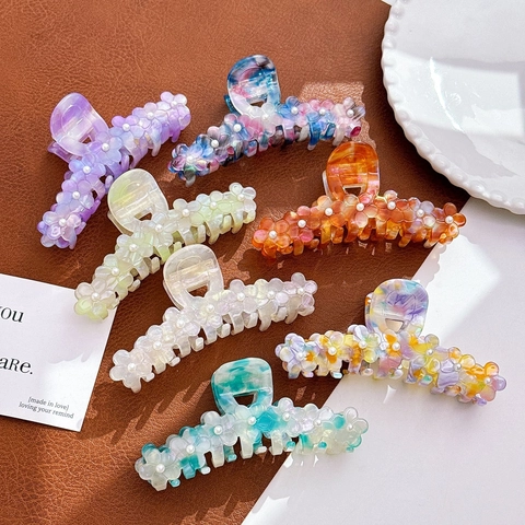 Large Acetate Flower Hair Claw Clip Elegant Imitation Artificial Pearl Hair Grip Multicolored Marble Pattern Shark Clip For Women Hair Jewelry