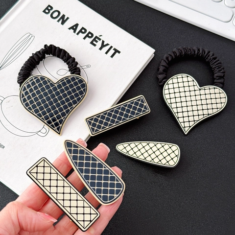 Set de Pinzas para el Pelo Corazón Cuadrícula Vintage Clip de Pico de Pato de Acetato de Celulosa Goma de Pelo Minimalista para Mujer