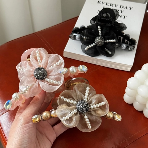 Grande Pinza per Capelli Floreale in Rete con Fiori Decorata con Perle Artificiali e Strass Elegante Fermaglio per Donna