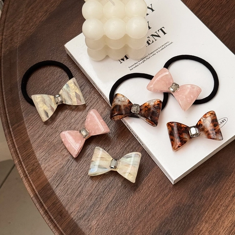 Vintage Acetaat Strik Haarklem En Elastische Haarelastiek Set Met Strass Marmeren Patroon Elegante Haaraccessoires Voor Dames