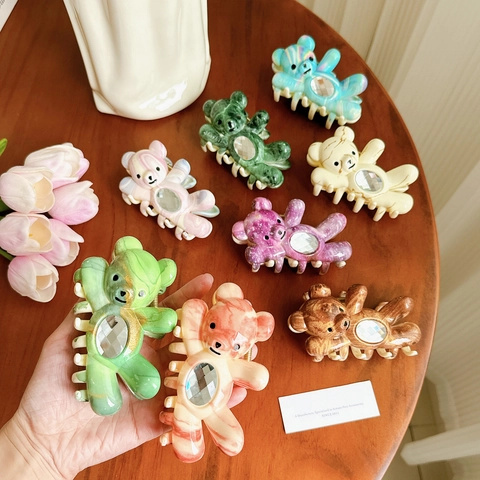 Women High End Bear Shaped Hair Claw Clip With Rhinestone Large Acetate Marble Pattern Shark Clip Hair Accessories Gift