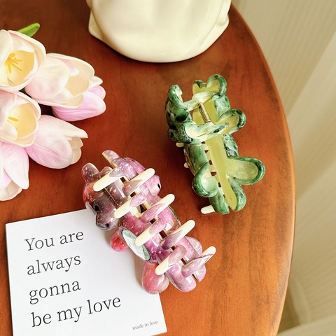 Women High End Bear Shaped Hair Claw Clip With Rhinestone Large Acetate Marble Pattern Shark Clip Hair Accessories Gift