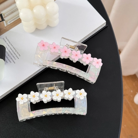 Pinza para el Pelo Cuadrada Grande de Acrílico con Flor de Cerezo Elegante Pinza de Tiburón Sakura para Mujer