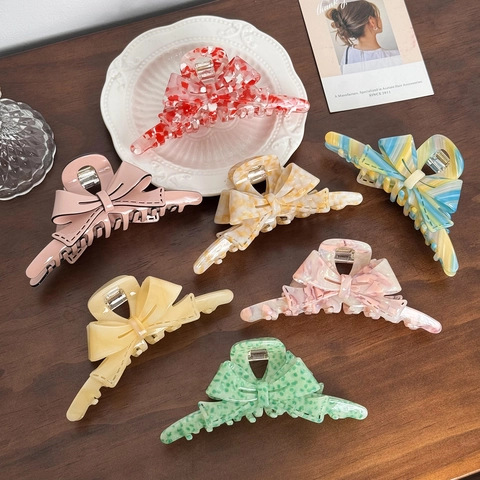 Elegant Acetate Bow Knot Hair Claw Clip Large Marble Dotted Stripe Pattern Shark Clip Fashion Hair Accessories For Women
