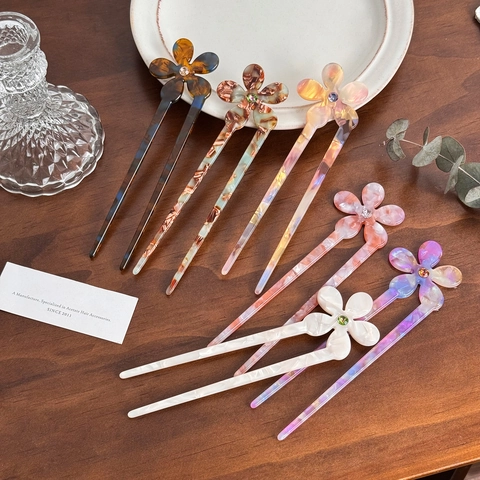 Vintage Acetate Flower Hair Stick For Women Minimalist Rhinestone U-Shaped Hairpin Retro Hair Accessories Styling Tool Gift
