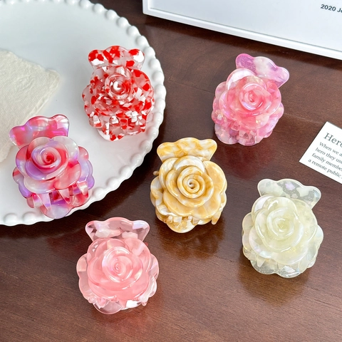 Elegant Acetate Rose Flower Hair Claw Clip French Vintage Marble Pattern Shark Clip Versatile Hair Accessory For Women