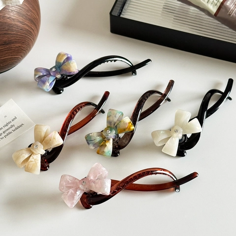 Eleganter Acetat Schleife Haarklipp Mit Marmormuster Strass Stilvolle Handgefertigte Bananenspange Vertikale Haaraccessoires Für Damen