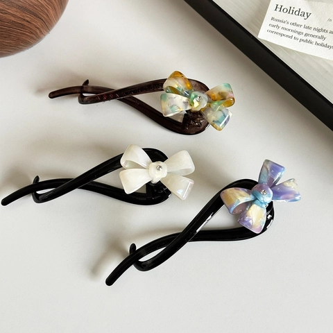Eleganter Acetat Schleife Haarklipp Mit Marmormuster Strass Stilvolle Handgefertigte Bananenspange Vertikale Haaraccessoires Für Damen