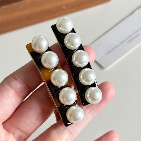 Pinza para el Cabello de Acetato Vintage Francés Con Perlas Artificiales Elegante Carey Pico de Pato Accesorio de Pelo para Mujer