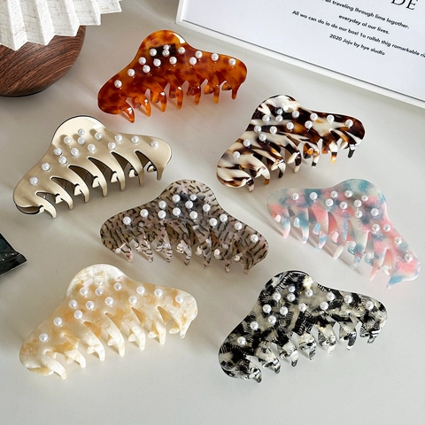 Large Acetate Hair Claw Clip With Artificial Pearls Elegant Marble Tortoiseshell Pattern Shark Clip For Women Updo Hair Accessory