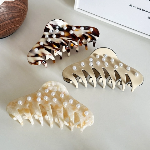 Large Acetate Hair Claw Clip With Artificial Pearls Elegant Marble Tortoiseshell Pattern Shark Clip For Women Updo Hair Accessory
