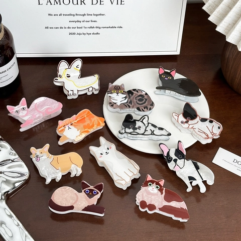 Cute Cartoon Animal Hair Claw Clips Acrylic Printed Cat Dog Hair Clips Corgi French Bulldog Shark Clips For Women Hair Accessories