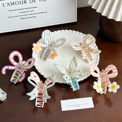 Sweet Butterfly Bowknot Hair Claw Clip Acrylic Shark Clip Striped Polka Dot Cherry Floral Printed Hair Accessory For Women