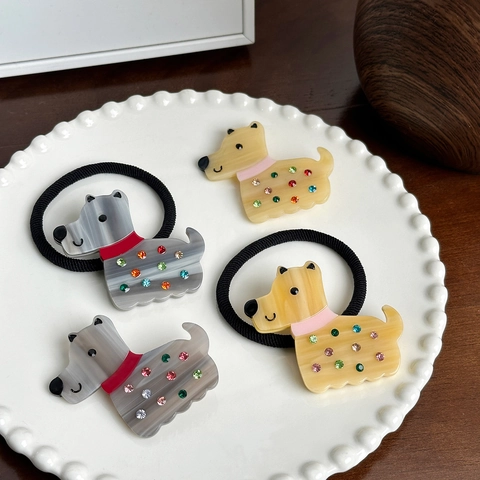Korean Style Scottie Dog Hair Scrunchie Rhinestone Inlaid Polyester Hair Clip For Women Sweet Fashion Horse Tail Hair Rope Accessories