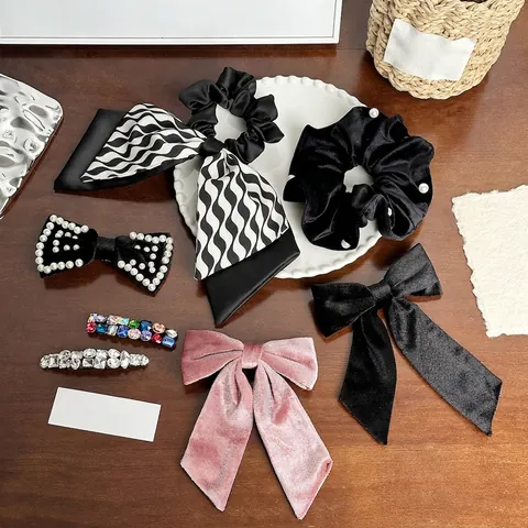 Set de Pinza de Pelo con Lazo de Terciopelo Lujo Coreano Elegante Horquilla de Strass Perla Artificial Accesorios de Pelo Mujer
