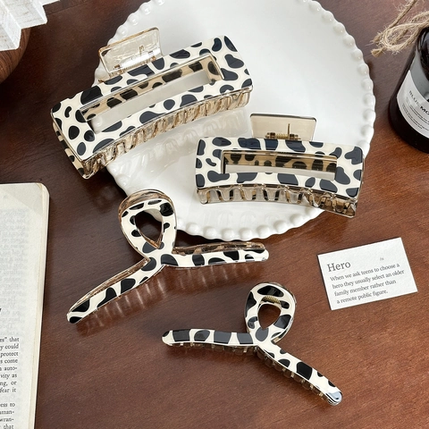Pinzas para el Cabello Vintage con Estampado de Vaca Resina Acrílica Grande Cuadrada Geométrica Manchada Retro Accesorios Mujer
