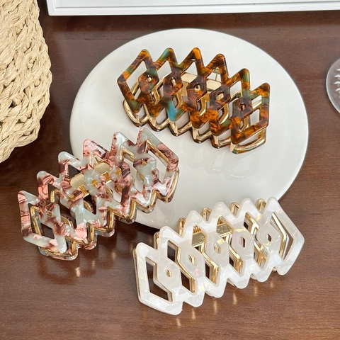 Molletta a Artiglio per Capelli in Acetato Geometrica Svuotata da Donna Francese Vintage Motivo Marmo Tartarugato Accessori