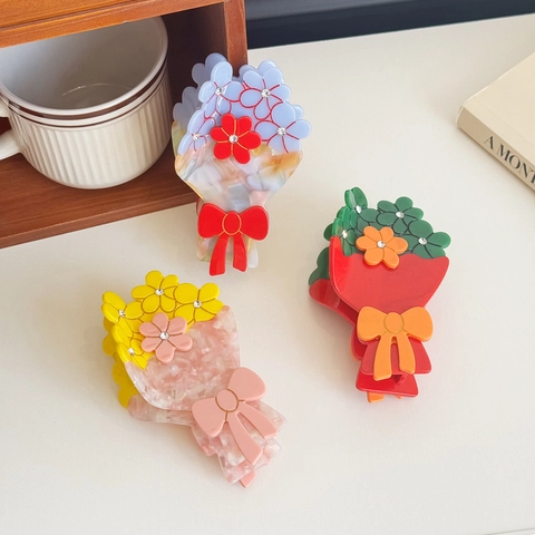 Elegante Molletta per Capelli a Bouquet di Fiori in Acetato con Strass e Fiocco Accessori per Capelli alla Moda per Donna