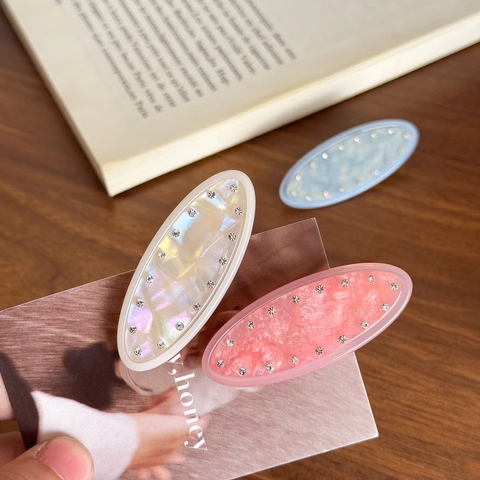 Elegante Pasador de Pelo Ovalado de Acetato Color Gelatina con Diamantes de Imitación Incrustados Clip Pico de Pato Estilo Francés