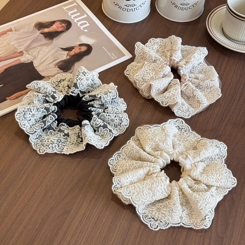 Elegantes Scrunchies Grandes de Encaje de Malla para Mujer Gomas de Pelo Plisadas Florales Retro Francesas Accesorios para el Cabello