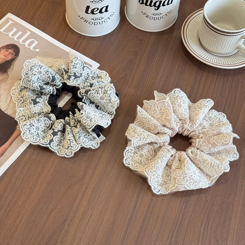 Elegantes Scrunchies Grandes de Encaje de Malla para Mujer Gomas de Pelo Plisadas Florales Retro Francesas Accesorios para el Cabello
