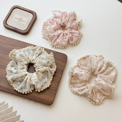 Coleteros Florales Vintage Franceses Con Borde de Perlas Artificiales Elegantes Lazos Elásticos para el Cabello de Encaje Soportes para Coleta de Tela para Mujeres Niñas Accesorios para el Cabello
