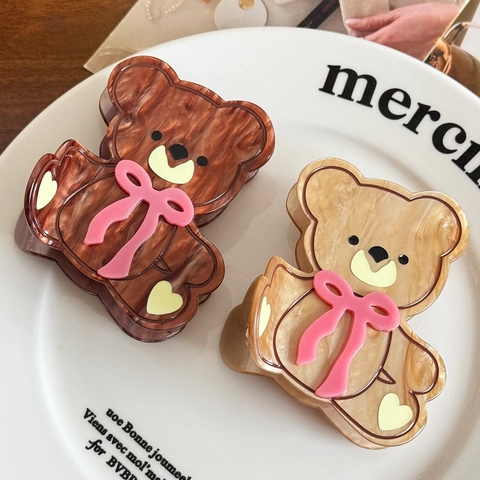 Linda Pinza de Pelo de Oso de Dibujos Animados de Acrílico Dulce Pinza de Pelo para Mujeres Niñas Patrón de Animal Corazón Lazo Accesorios para el Cabello