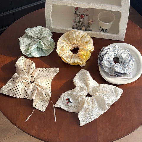 Coleteros de Estilo Francés con Lunares y Bordado de Cereza Gomas de Algodón Cuadros Floral para Mujer Accesorios Pelo