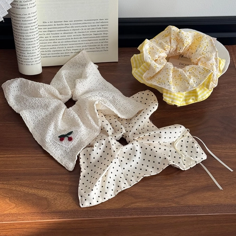 Coleteros de Estilo Francés con Lunares y Bordado de Cereza Gomas de Algodón Cuadros Floral para Mujer Accesorios Pelo