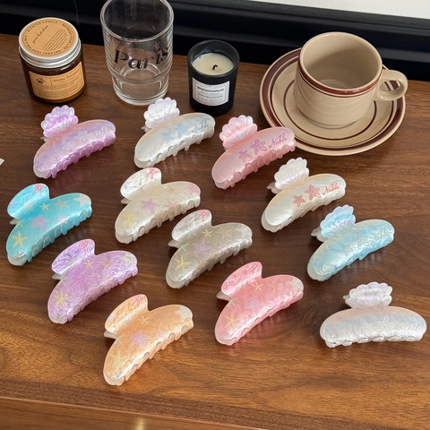 Pinza Para El Pelo De Acrílico Con Patrón De Estrella De Mar Y Forma De Concha Para Mujer Textura De Mármol Accesorios Para El Cabello