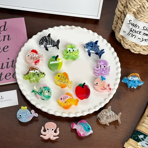 Mini Acetate Hair Claw Clips Cute Cartoon Ocean Animal Fruit Octopus Shark Whale Hairpins For Women Girls Hair Accessories