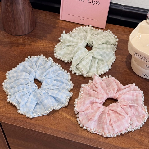 Chouchous à Carreaux de Style Français Avec Bordure en Perles Artificielles Élastiques à Cheveux Larges pour Femmes Accessoires Cheveux Élégants