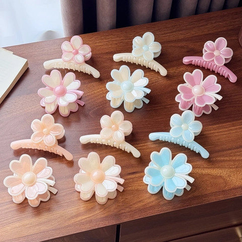 Pinza per Capelli in Resina a Fiore Crema Coreana Frangipani Shark Clip Elegante Accessorio per Capelli Floreale Botanico per Donna