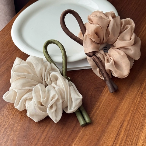 Fashion Chiffon Bow Scrunchie With PU Leather Loop For Women Elegant Solid Color Hair Tie Gentle Commuting Hair Accessories