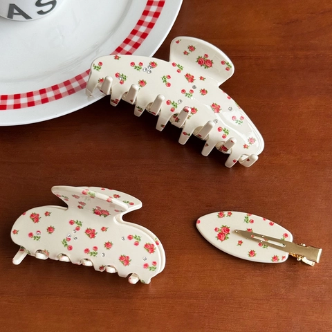 Pinza per Capelli in Acetato Vintage Con Stampa Floreale da Donna Elegante Fermaglio a Squalo Ciliegia Mirtillo Gioielli Capelli