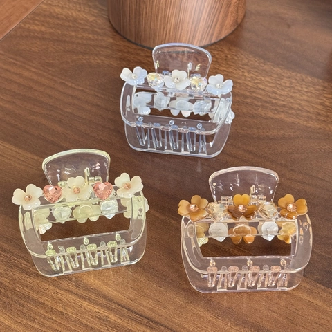 Pinces à Cheveux Griffes en Acrylique Transparent avec Fleurs 3D et Strass Style Élégant Coréen pour Femmes